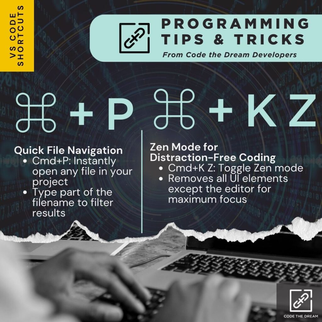 ⌘ + P: Quick File Navigation
Cmd+P: Instantly open any file in your project.
Type part of the filename to filter results.

⌘ + K Z: Zen Mode for 
Distraction-Free Coding
Cmd+K Z: Toggle Zen mode
Removes all UI elements except the editor for maximum focus.