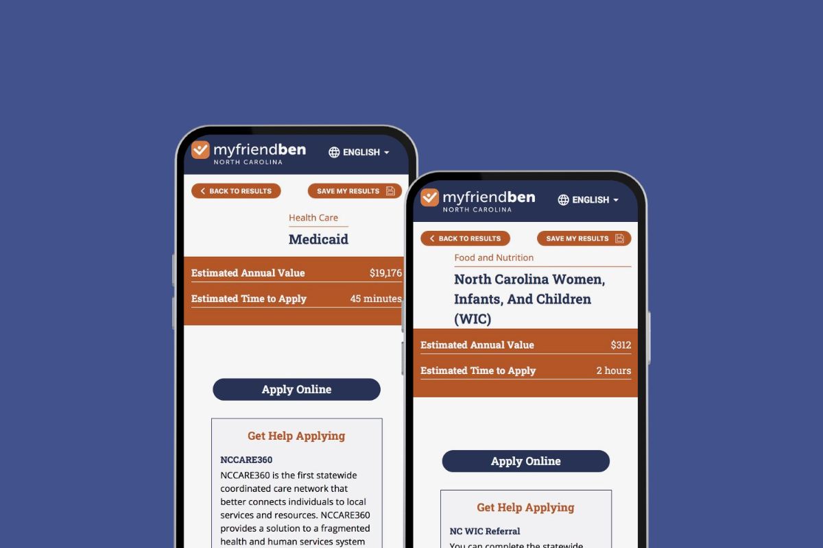 Screenshot of two mobile phones showing information about Medicaid and WIC