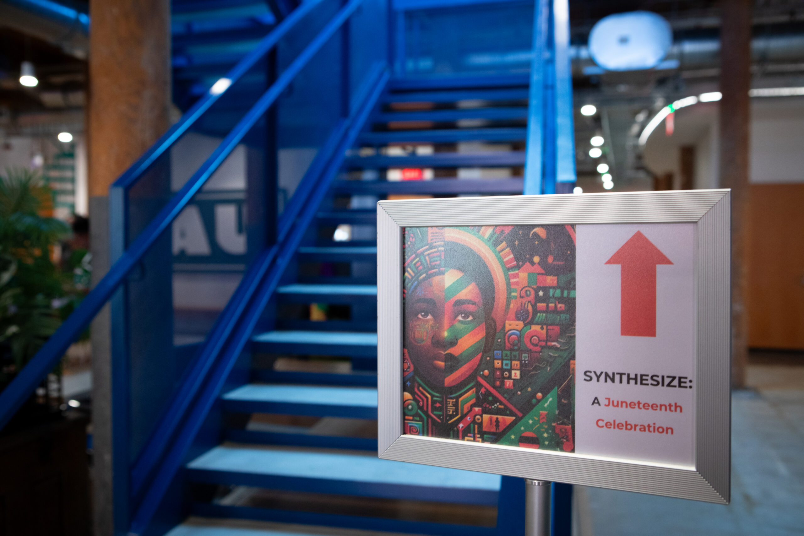 Sign pointing the way to CTD's Juneteenth panel discussion.